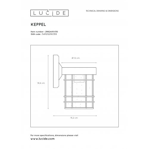 LUCIDE KEPPEL Wall Light E27 H19cm, IP23,  Black, venkovní nástěnné svítidlo - obrázek