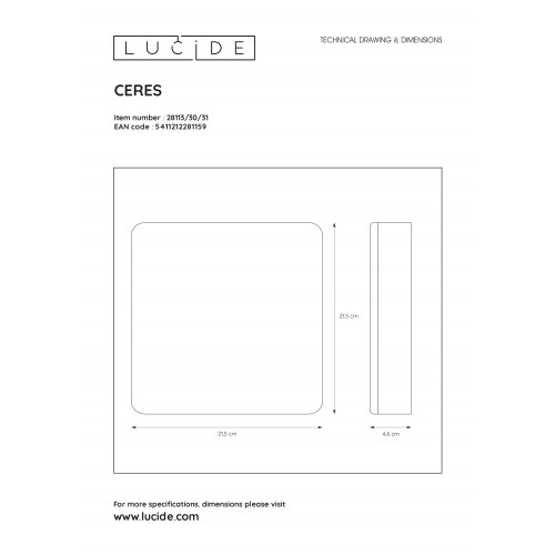 LUCIDE CERES Ceiling Light LED 30W 21.5x21.5x5cm White, stropní svítidlo - obrázek