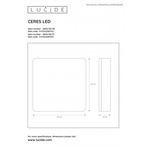 LUCIDE CERES Ceiling Light LED 30W 21,5x21,5x5cm Black, stropní svítidlo - obrázek