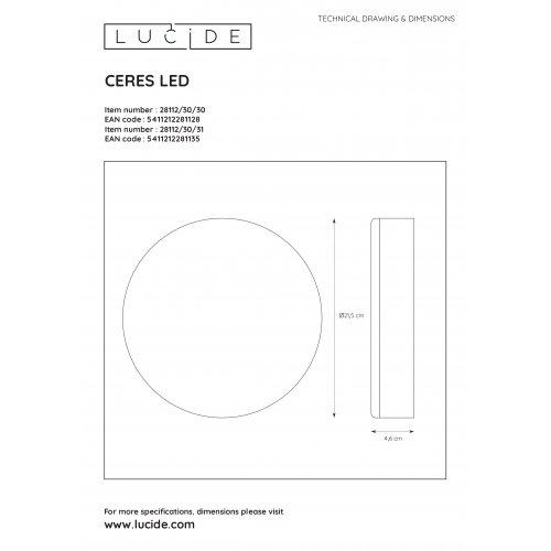 LUCIDE CERES Ceiling Light LED 30W White, stropní svítidlo - obrázek