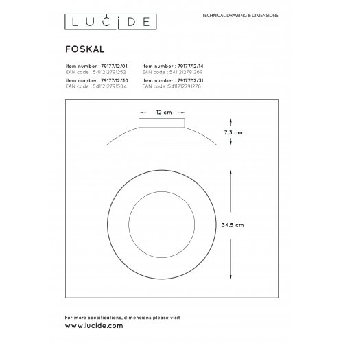 LUCIDE FOSKAL Ceiling Light LED 12W D34,5cm Black, stropní svítidlo - obrázek