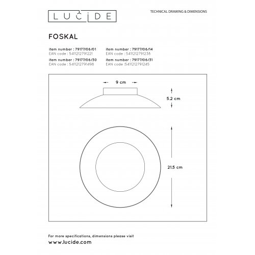 LUCIDE FOSKAL Ceiling Light LED 6W D21,5cm Black, stropní svítidlo - obrázek