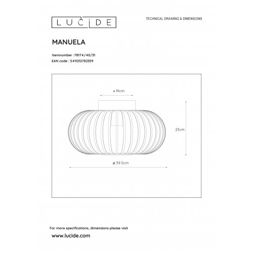 LUCIDE MANUELA Ceiling Light 1xE27 D40cm White, stropní svítidlo - obrázek