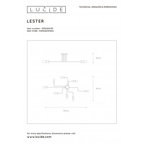 LUCIDE LESTER Ceiling Light 8xE27 150x80x20cm Black, stropní svítidlo - obrázek