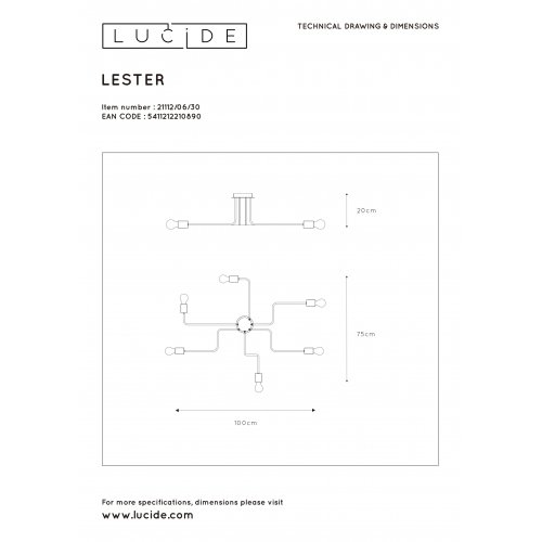 LUCIDE LESTER Ceiling Light 6xE27 100x75x20cm Black, stropní svítidlo - obrázek