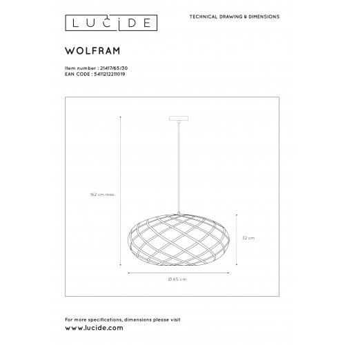 LUCIDE WOLFRAM Pendant E27 R65cm Black, závěsné svítidlo, lustr - obrázek