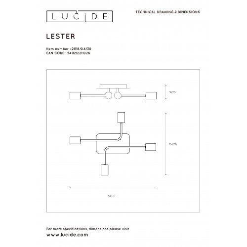 LUCIDE LESTER Ceiling light 52/38/9cm E27/60W Black, stropní svítidlo - obrázek