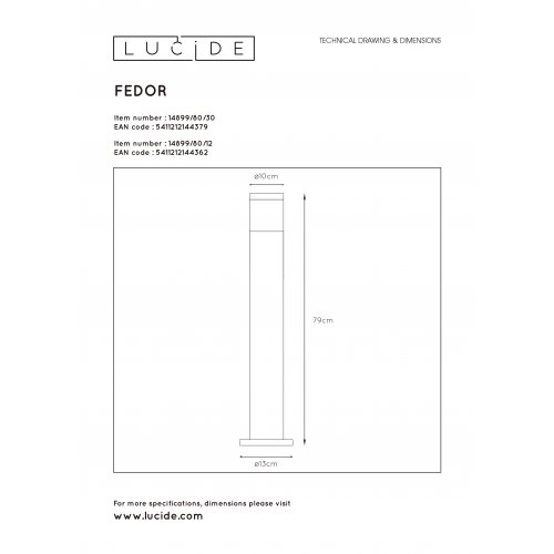 LUCIDE FEDOR Bollard Light E27/40W H79.5cm Satin Chrome, venkovní svítidlo - obrázek