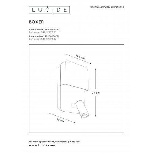 LUCIDE BOXER Wall Light LED 5W+3W+ USB White, nástěnné svítidlo - obrázek