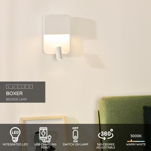 LUCIDE BOXER Wall Light LED 5W+3W+ USB White, nástěnné svítidlo - obrázek