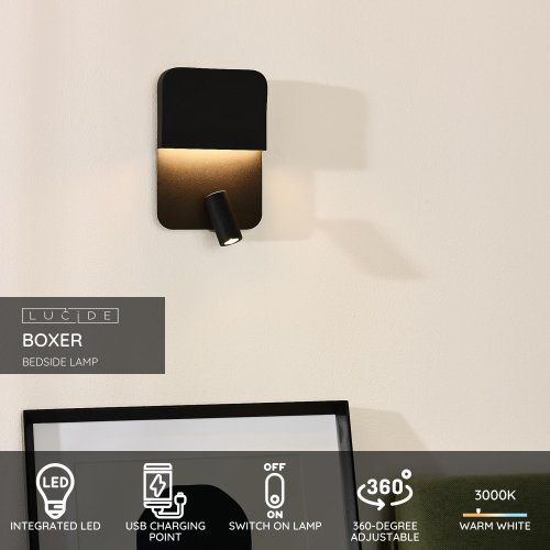 LUCIDE BOXER Wall Light LED 5W+3W+ USB Black, nástěnné svítidlo - obrázek