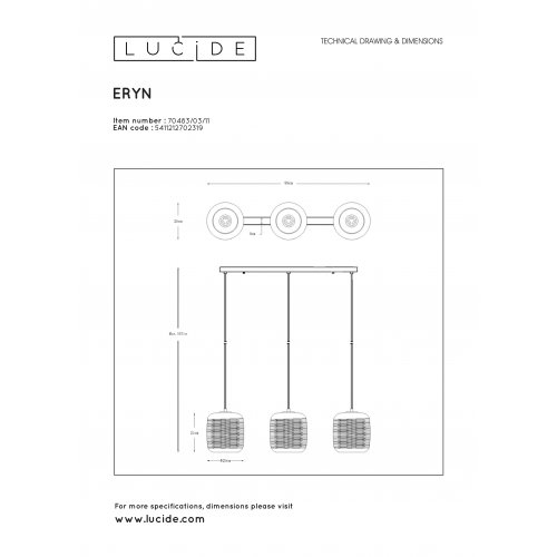 LUCIDE ERYN Pendant 3x E27 88/20/145cm, Chrome závěsné svítidlo, lustr - obrázek