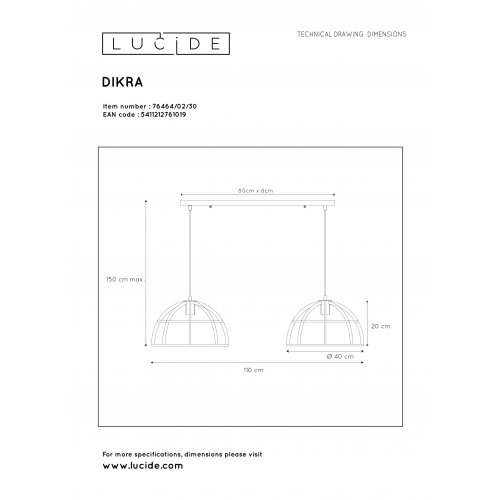 LUCIDE DIKRA Pendant 2xE27 60W  Black závěsné svítidlo, lustr - obrázek