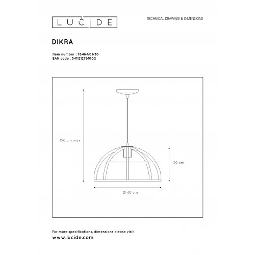 LUCIDE DIKRA Pendant E27 60W závěsné svítidlo, lustr - obrázek