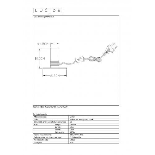 LUCIDE MARIT Table Lamp E27 40W Black stolní lampa - obrázek