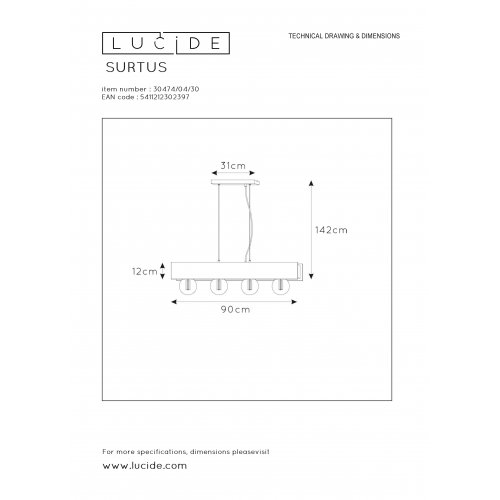 LUCIDE SURTUS Pendant 4xE27/60W Black závěsné svítidlo, lustr - obrázek