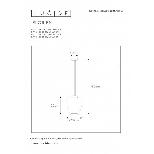 LUCIDE FLORIEN Pendant E27 60W Smoke závěsné svítidlo, lustr - obrázek