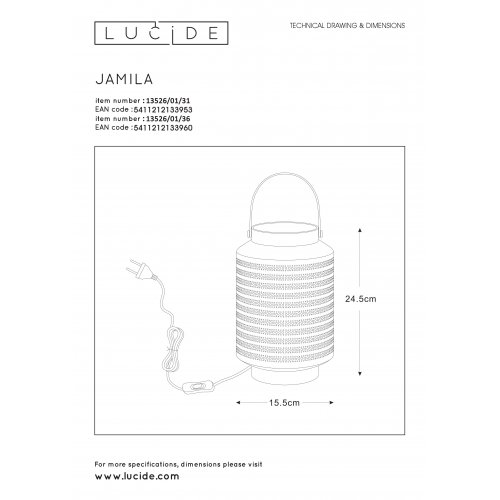 LUCIDE JAMILA Table Lamp E14 25W H24.5 cm White stolní lampa - obrázek