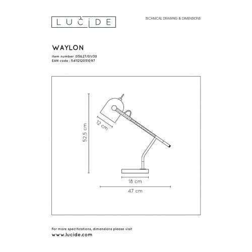 LUCIDE WAYLON Desk Lamp E27/40W H50 Black stolní lampa - obrázek