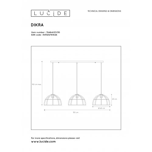 LUCIDE DIKRA Pendant 3xE27 60W  Black závěsné svítidlo, lustr - obrázek