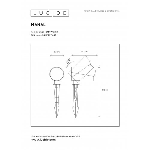 LUCIDE MANAL Garden Spot Light ground spike LED 12W Anth venkovní svítidlo - obrázek