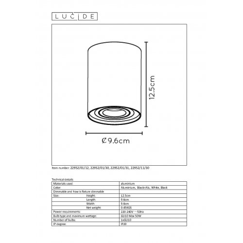 LUCIDE TUBE Spot Round GU10 D9.6 H12.5cm Black bodové svítidlo, bodovka - obrázek