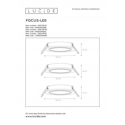 LUCIDE FOCUS Built-in Round LED 3xGU10/5W dimm 3000K bodové svítidlo, bodovka - obrázek