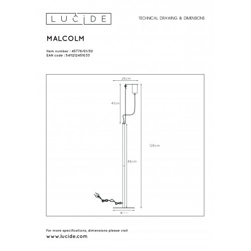 LUCIDE MALCOLM Floorlamp E27/40W H140cm Black stojací lampa - obrázek