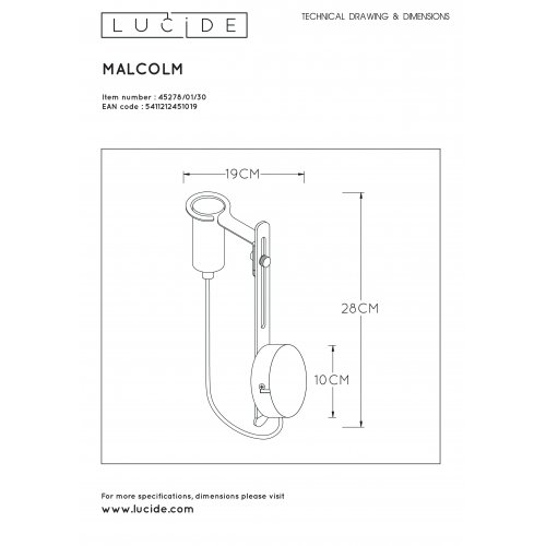 LUCIDE MALCOLM Wall light E27/60W  Black nástěnné svítidlo - obrázek