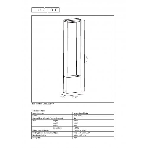 LUCIDE GOA Post LED 6.5W 350LM 3000K H60 W6 L15cm Anthrac venkovní svítidlo - obrázek