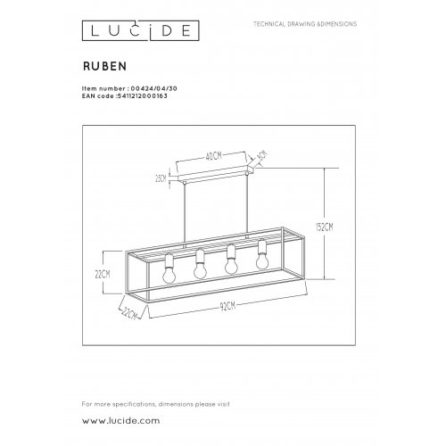 LUCIDE RUBEN  Pendant 4x E27 40W Black/Satin Brass závěsné svítidlo, lustr - obrázek