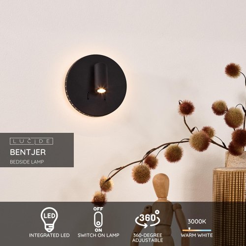 LUCIDE BENTJER - NĂˇstennĂ© svietidlo - Ă 14 cm - LED - 1x6W 3000K - ÄŤierne nástěnné svítidlo - obrázek