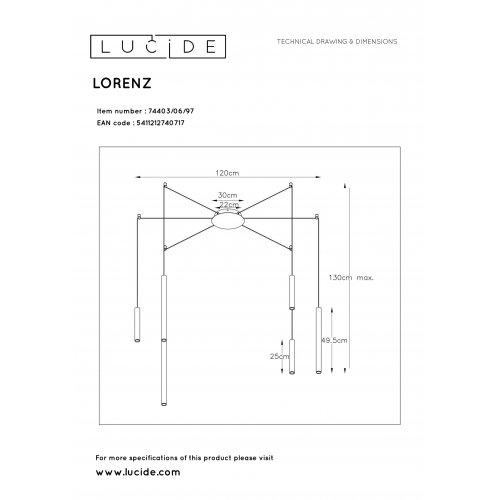 LUCIDE LORENZ Pendant  LED  6x4W Satin Copper závěsné svítidlo, lustr - obrázek