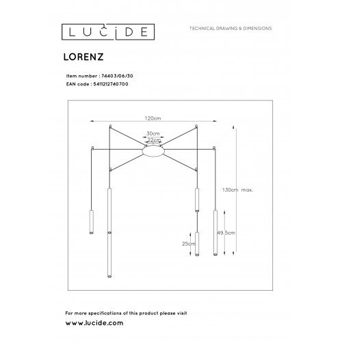 LUCIDE LORENZ Pendant  LED  6x4W Black Matte závěsné svítidlo, lustr - obrázek