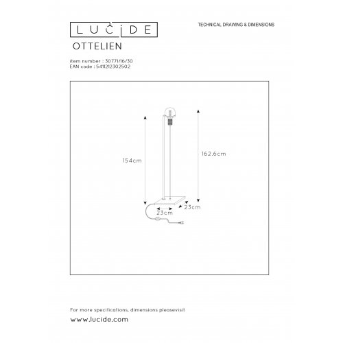 LUCIDE OTTELIEN Floor lampE27/60W H162cm Black stojací lampa - obrázek