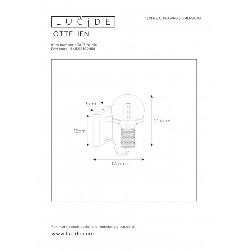 LUCIDE OTTELIEN Wall light E27/60W Matt Black/Matt Gold nástěnné svítidlo - obrázek