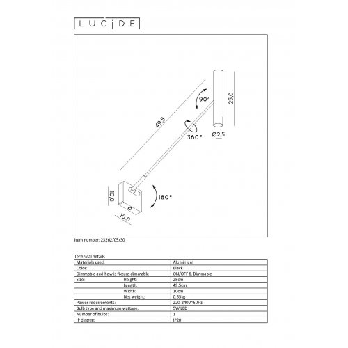 LUCIDE WYGO Wall light Led 5W  Black nástěnné svítidlo - obrázek