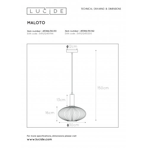 LUCIDE MALOTO Pendant Ă 30 cm - E27 - JantĂˇr závěsné svítidlo, lustr - obrázek