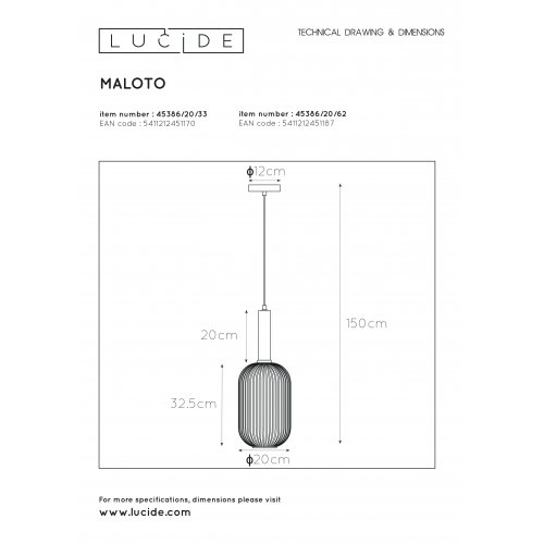 LUCIDE MALOTO Pendant Ă 20 cm - E27 - JantĂˇr závěsné svítidlo, lustr - obrázek