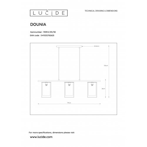 LUCIDE DOUNIA Pendant 3xE27/40W Matt Black/Smoke glass závěsné svítidlo, lustr - obrázek