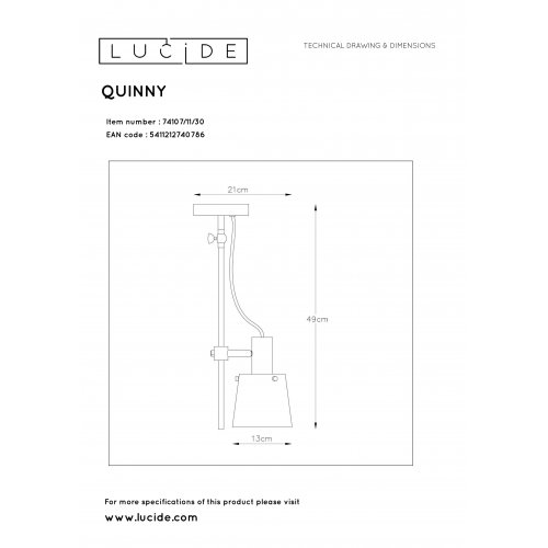 LUCIDE QUINNY Ceiling spot Light E27/40W H 50cm Black - obrázek