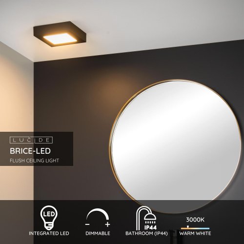 LUCIDE BRICE-LED Ceiling L Dimmable 15W Square IP44 Black - obrázek