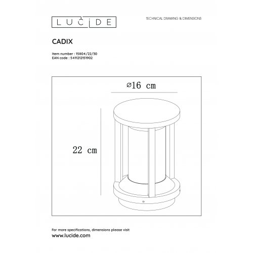 LUCIDE CADIX Outdoor Base lamp 22cm E27/max 15W led Black venkovní svítidlo - obrázek