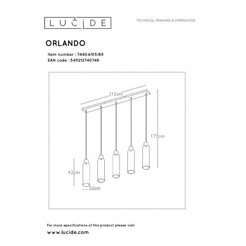 LUCIDE ORLANDO Pendant 5xE27/60W Black/Smoke Glass závěsné svítidlo, lustr - obrázek