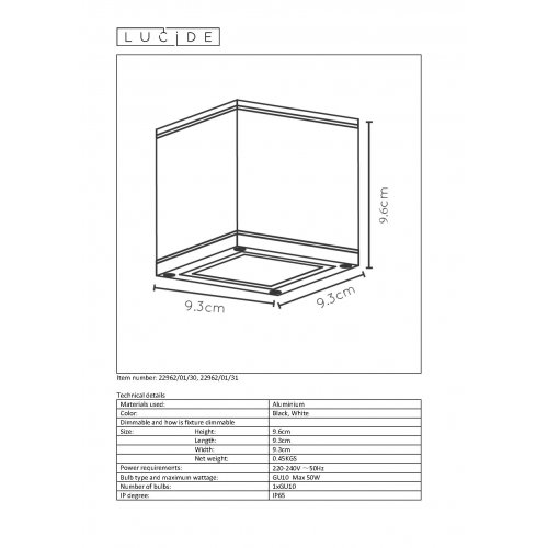 LUCIDE AVEN Ceiling spotlight Square Gu10/50W  White - obrázek