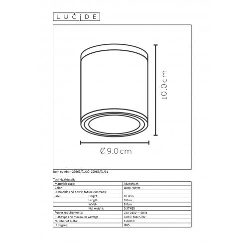 LUCIDE AVEN Ceiling spotlight Round Gu10/50W Black - obrázek