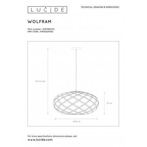 LUCIDE WOLFRAM Pendant  E27 závěsné svítidlo, lustr - obrázek