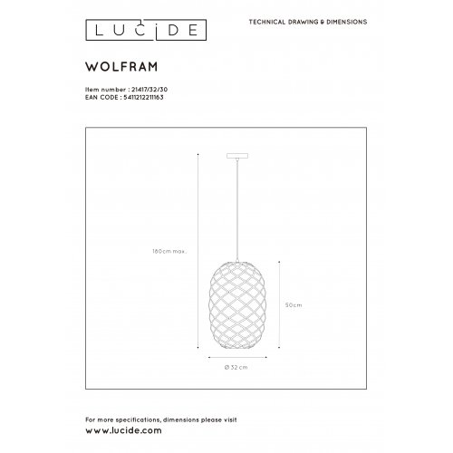 LUCIDE WOLFRAM Pendant  E27 závěsné svítidlo, lustr - obrázek