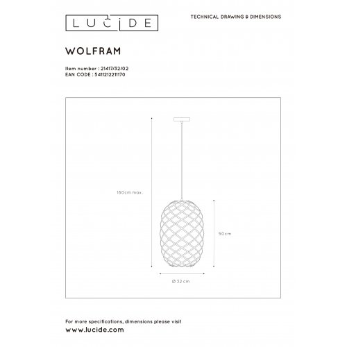 LUCIDE WOLFRAM Pendant  E27 závěsné svítidlo, lustr - obrázek