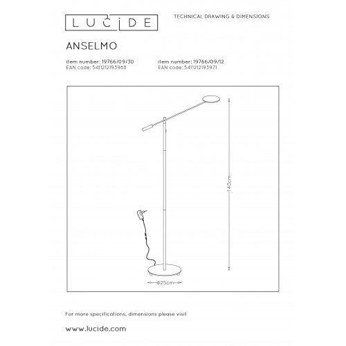 LUCIDE ANSELMO Reading lamp Led  9W Black stojací lampa - obrázek